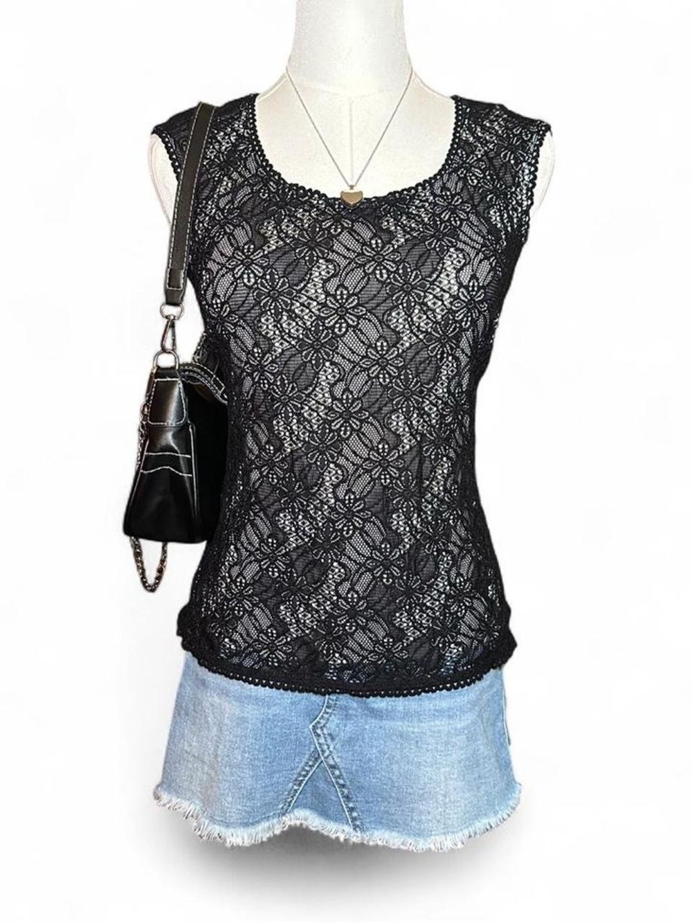 Max Studio Black Floral Lace Tank Top 90s Grunge Whimsygoth Vampy